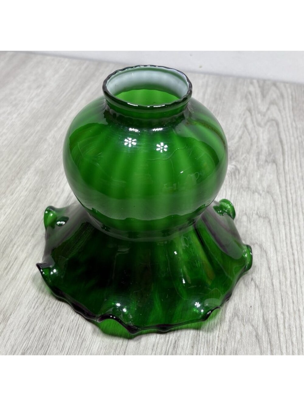 EMERALD GREEN Watermelon STRIPED Cased Glass RUFFLED LAMP SHADE 1900s Victorian